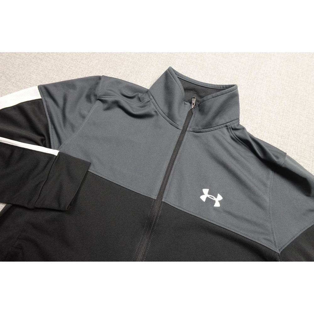 Under Armour Track Jacket Mens Medium Black Gray Colorblock Full Zip Athletic